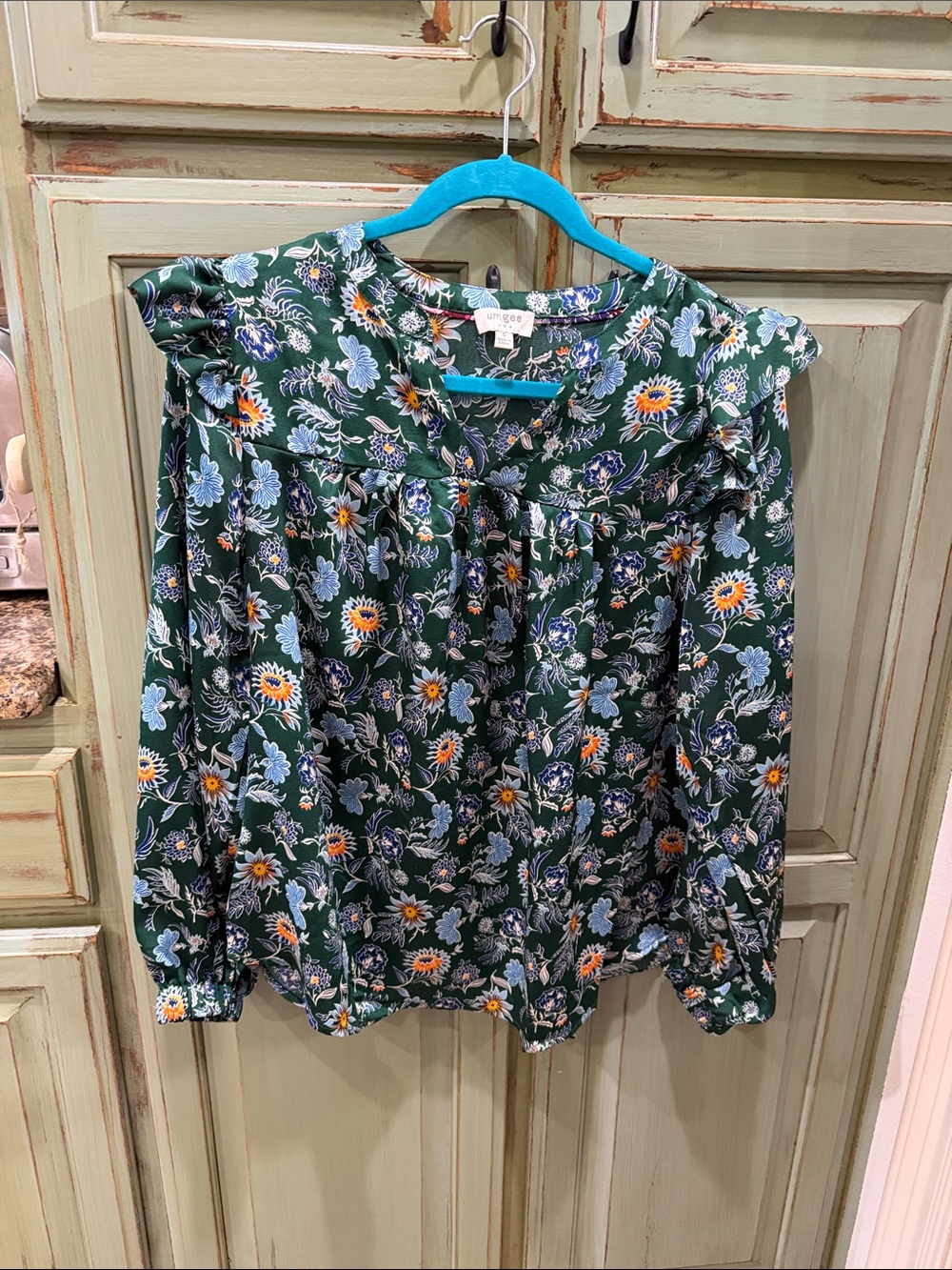 Umgee Green Floral Ruffle Yoke Blouse